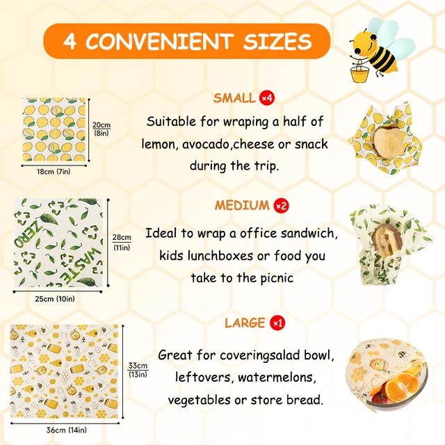 WEEDI 3 paquets d'enveloppements de cire d'abeille réutilisables pour les aliments frais gardant des enveloppes alimentaires de cire d'abeille écologiques en tissu d'enveloppements de sandwich de cire d'abeille de 3 tailles 5
