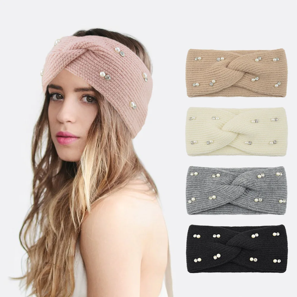 Fascia per capelli invernale con perle Scalda orecchie elastico in maglia Croce Headwrap Turbante Copricapo a tesa larga per accessori per capelli moda donna ragazza  200000297