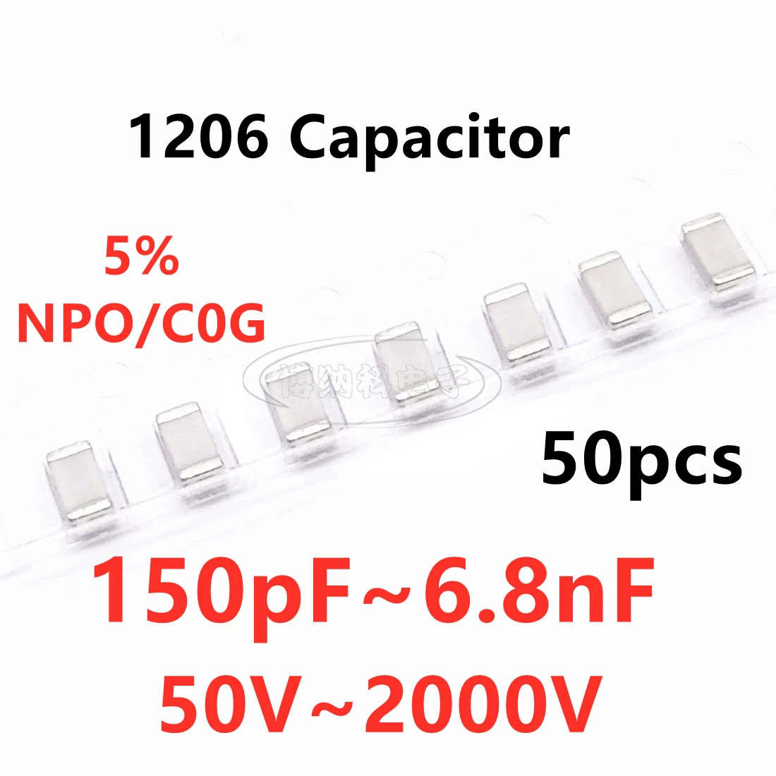 

50pcs 1206 SMD Capacitor 150/180/220/270/330/390/470/560/680/820PF 1/1.2/1.5/1.8/2.2/2.7/4.7/5.6/6.8NF NPO C0G ±5% 1000V 2000V