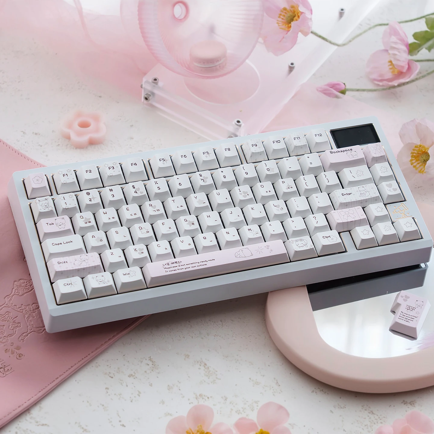 Adorable White & Pink Bubu-Bear Korean Hangul Cherry Profile PBT Keycaps for Custom Mechanical Keyboards