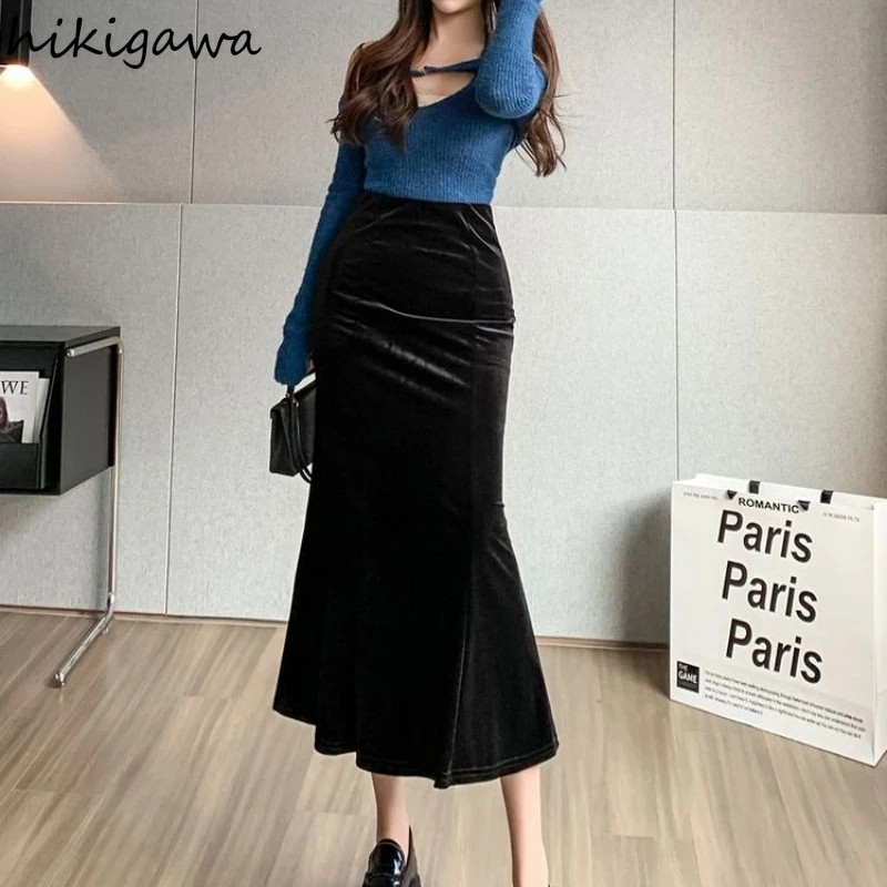 wonnyribbon velvet skirt　black Mサイズ Plus Size Black Pleated Skirt, High Elastic Waist Velvet