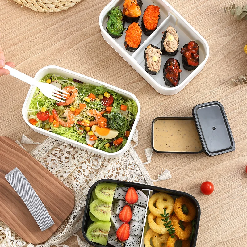 INS Wood Grain Double Plastic Lunch Box Microwave Oven Adult Lunch Box for Kids  Bento Box Tableware Loncheras Para Niños