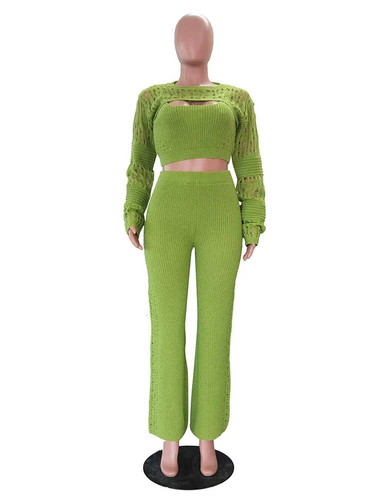 Wmstar 3 Piece Sets Wholesale Women's Casual Hollowed Out Knitted High Stretch Long Sleeve Bodycon New in Matching Sets 2025