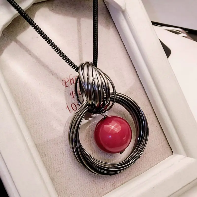 Ocean Red White Pearl Ball Pendant Long Necklace New Circles Simulated Women Black Chain Fashion Jewelry Wholesale Gift