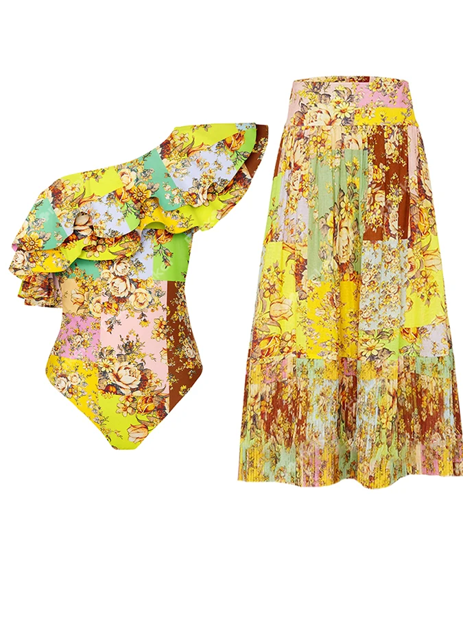 

2023 Vintage Print Swimsuit Petal Stereo Strap Designer Bikinis Elegance Luxury Summer Beach Women's Fitness Suit Skirt