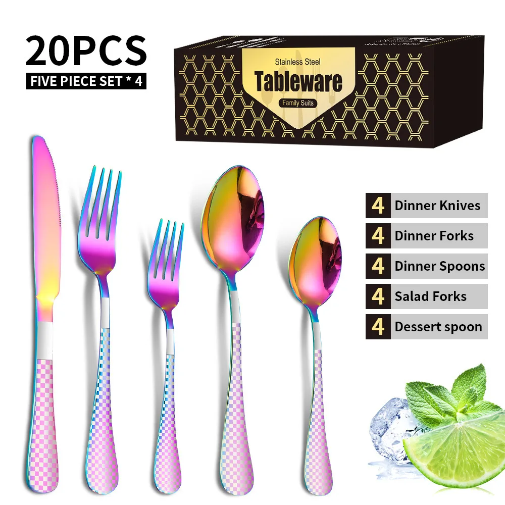 

20 PCS Christmas Stainless Steel Tableware Family Suit Gold Dessert Knives Forks Spoon Wedding Birthday Party Gift Package Set