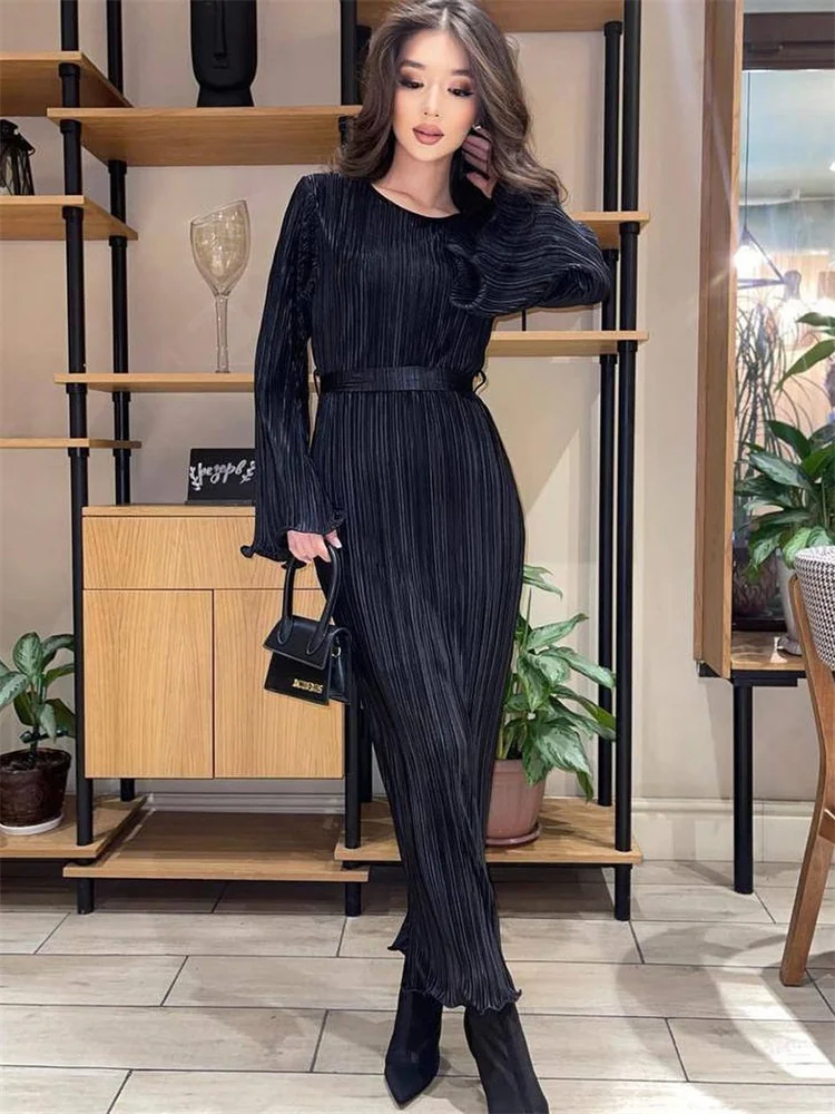 Vestido largo acanalado con volantes y cordones para mujer, manga larga, cintura alta, elegante, para fiesta, otoño, estilo vendaje