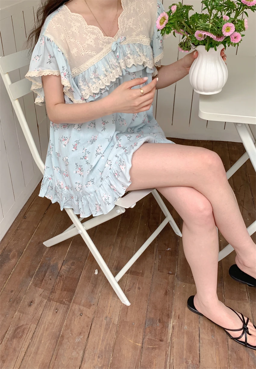 

Пижамный комплект Женский Летний из двух предметов, хлопковая рубашка с вязаным крючком кружевом и оборками, домашний костюм принцессы с милым бантом в Корейском стиле