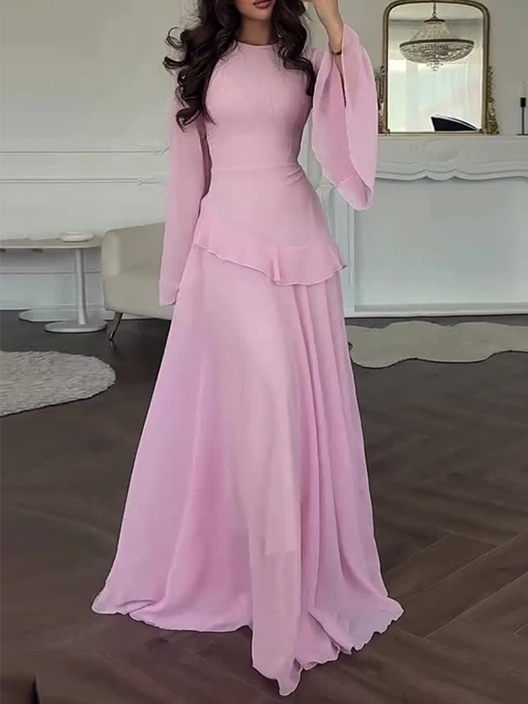 فستان ماكسي أنيق بأكمام مضيئة وأزرق مكشكش للنساء ف...