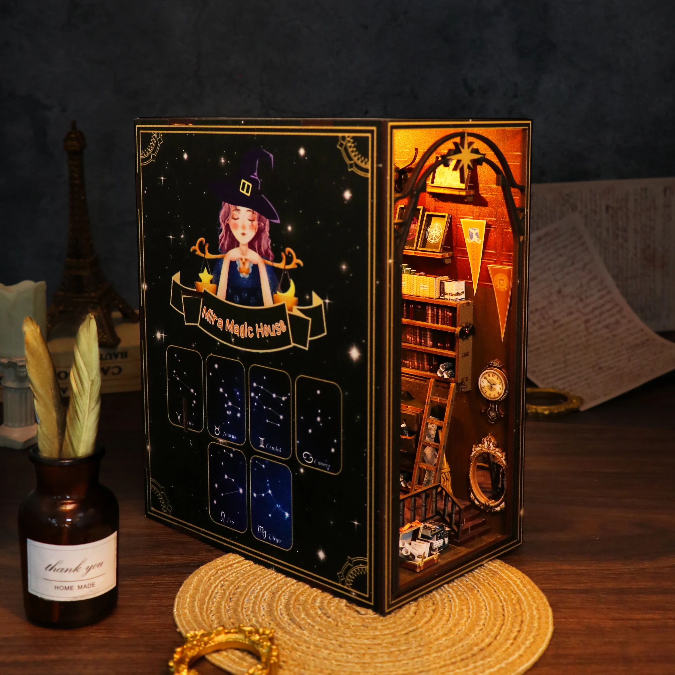 New Diy Wooden Book Nook Shelf Insert Kit Miniature Building Kits Magic House Bookshelf With Light Bookends Friends Adults Gifts