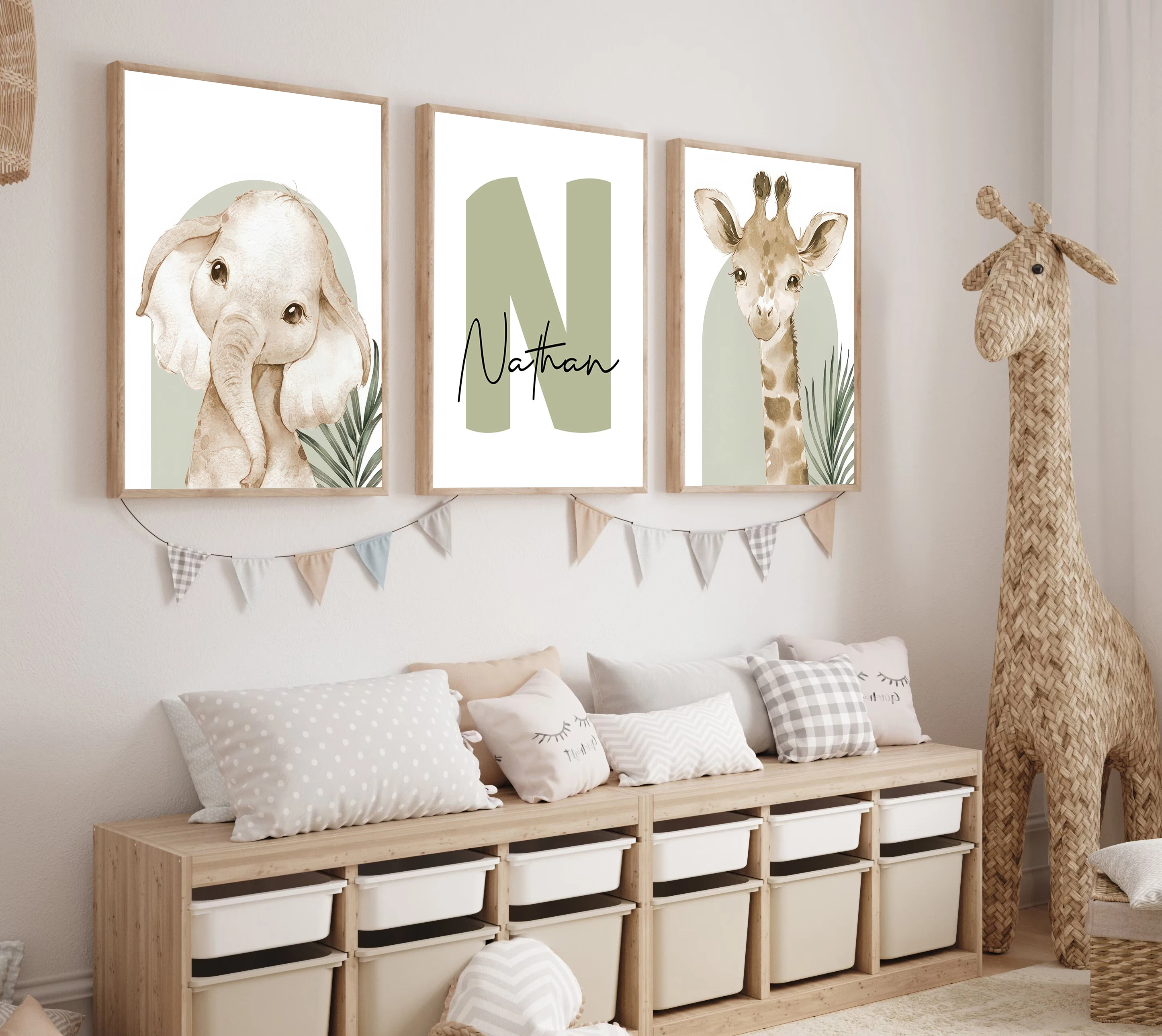 3pcs/set Customized Personalized Name Safari Canvas Print Animals Elephant Giraffe Nursery Birthday Gift Poster for Home Decor 3