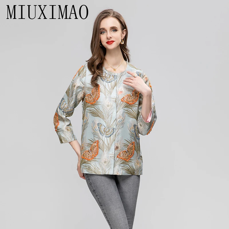 

Женская жаккардовая куртка MIUXIMAO, повседневная офисная куртка небесно-голубого цвета с длинным рукавом, украшенная стразами, листьями, бабочками, осень 2023