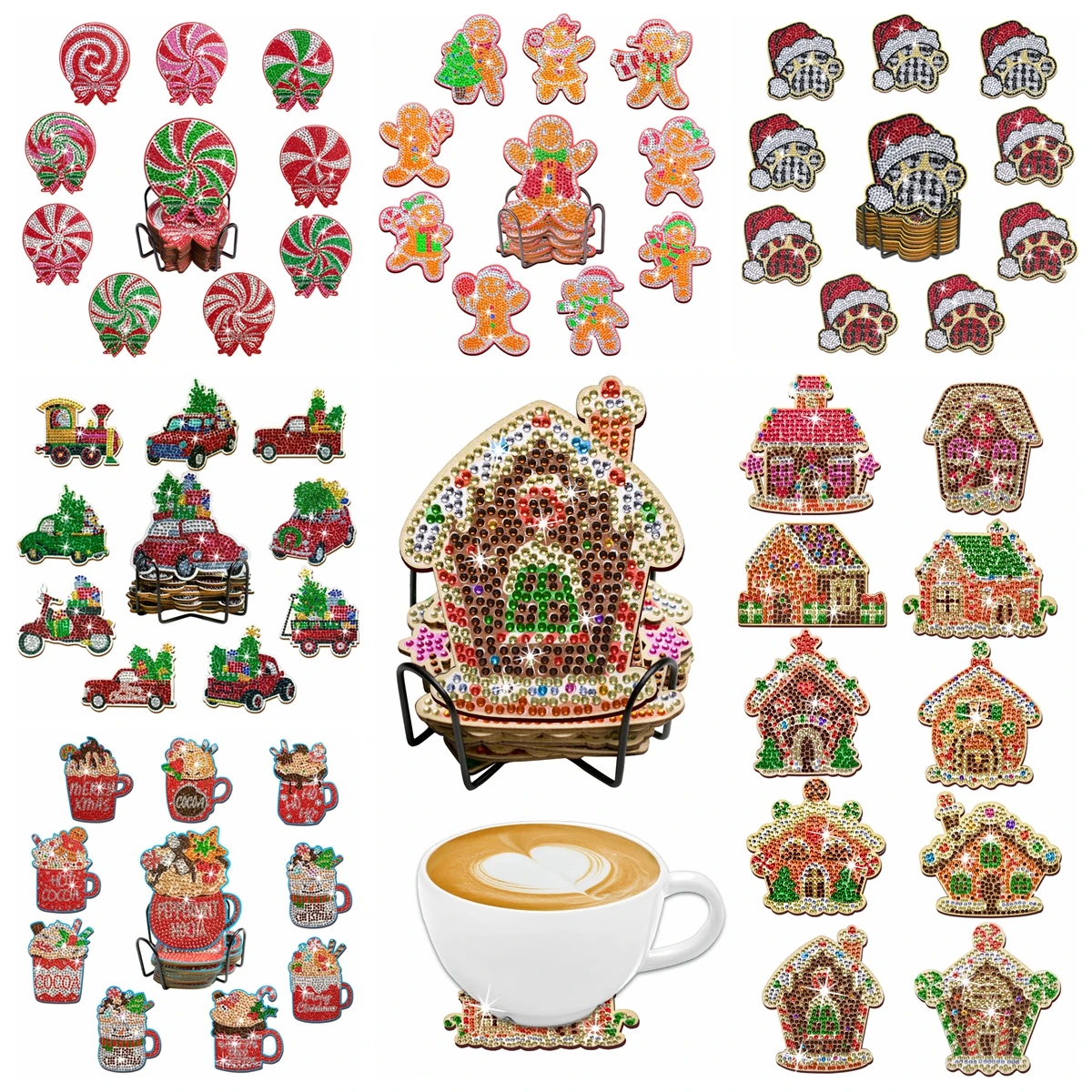 10pcs/Set DIY Christmas Diamond Painting Coasters with Holder Anti Slip Wood Drip Mats Diamond Art Christmas Coasters for Adults diamond painting diamond painting coasters