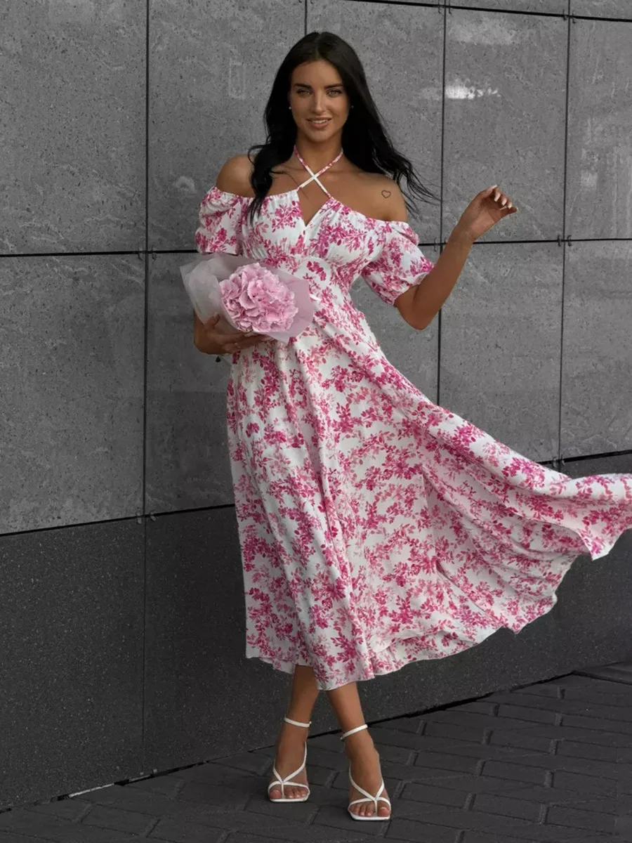 Bornladies 2026 Summer New Women's Off-Shoulder Floral Dress Short Sleeve Lace-Up Smocked Printed Split Maxi Dress