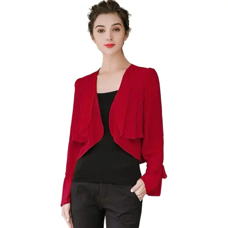 

Women Ruffled Sleeve thin chiffon coat,slim office Kimono Cardigan fashion Elegant women shirts blouse red chiffon blouse