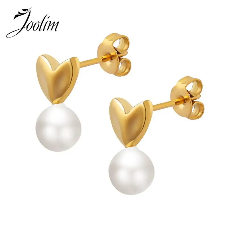 

JOOLIM Jewelry Hign End PVD Wholesale No Fade French Retro Temperament Imitation Pearl Peach Heart Hoop Stainless Steel Earring