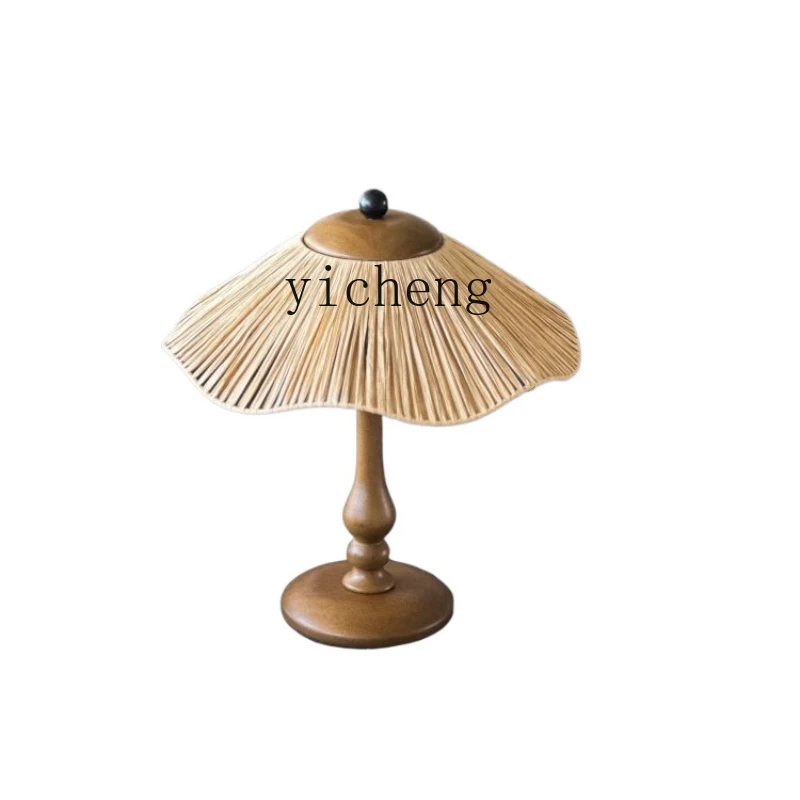 

ZC Lotus Leaf Table Lamp Bedroom Bedside Lamp Retro Straw Woven Hat B & B Study Living Room Chinese Lamp