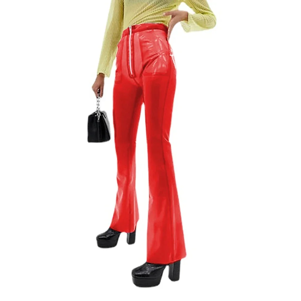 Transparent Plastic Long Pants for Women High Waisted Front Zip-up Sexy Skinny Flare Pants High Street Vintage Fashion