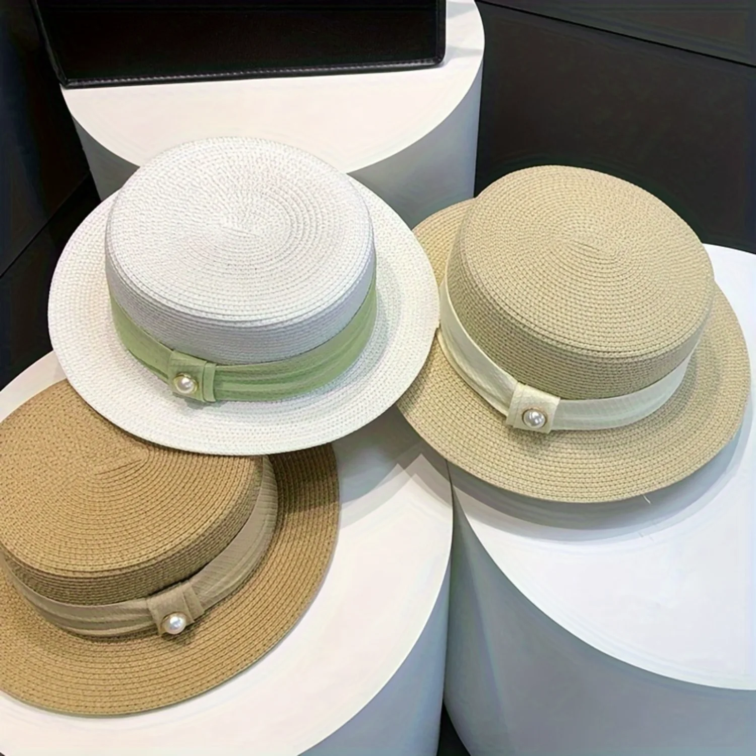 Summer Sun Hat, Casual Anti-UV Flat Top Hat With Faux Pearl Detail, Elegant Stylish Versatile Straw Hat For Ladies, Commuter Sty