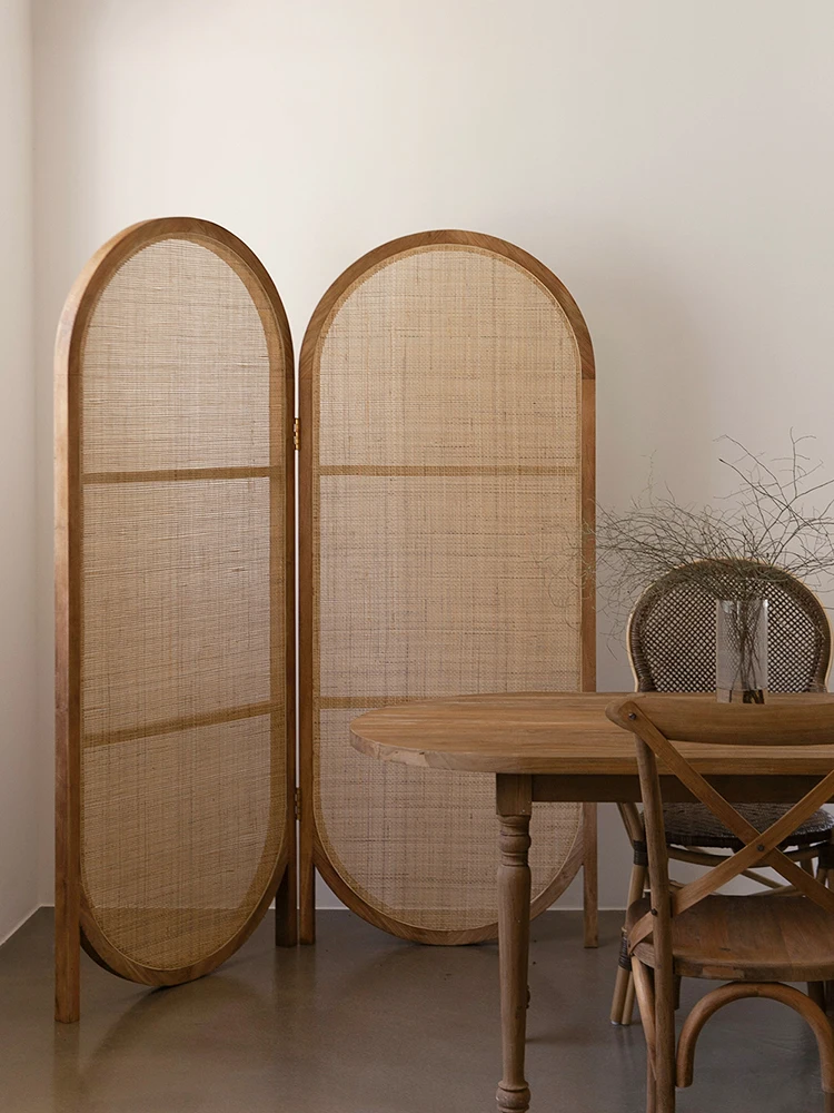 

Japanese-style rattan screen solid wood partition B&B indoor movable folding screen INS restaurant partition