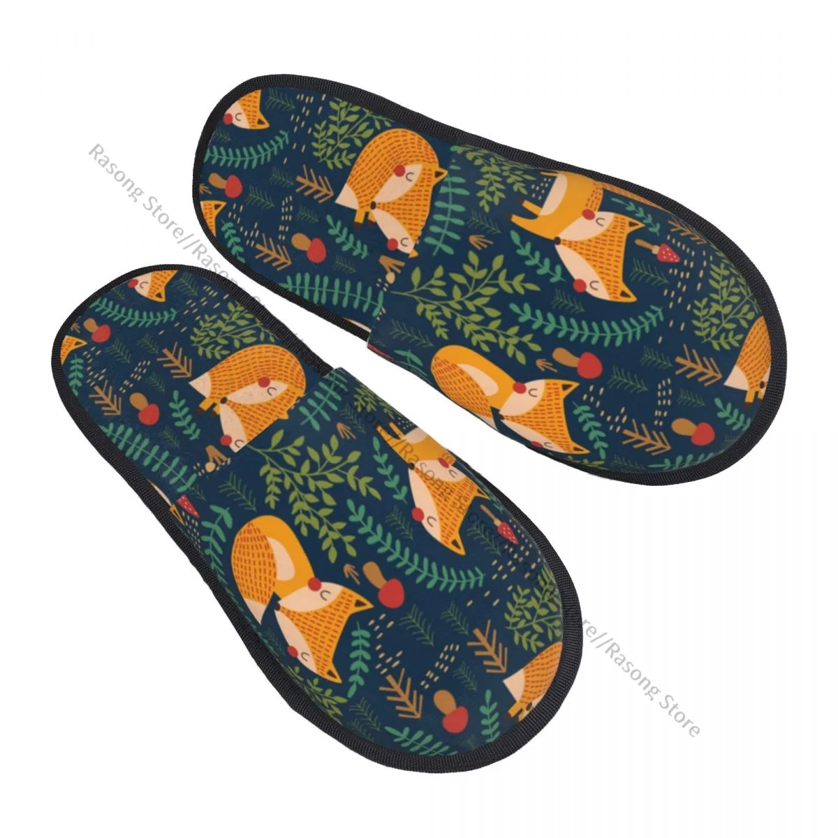 

Winter Women Men Non-Slip Flat Slippers Cute Fox Print Indoor Fur Soft Warm Shoes