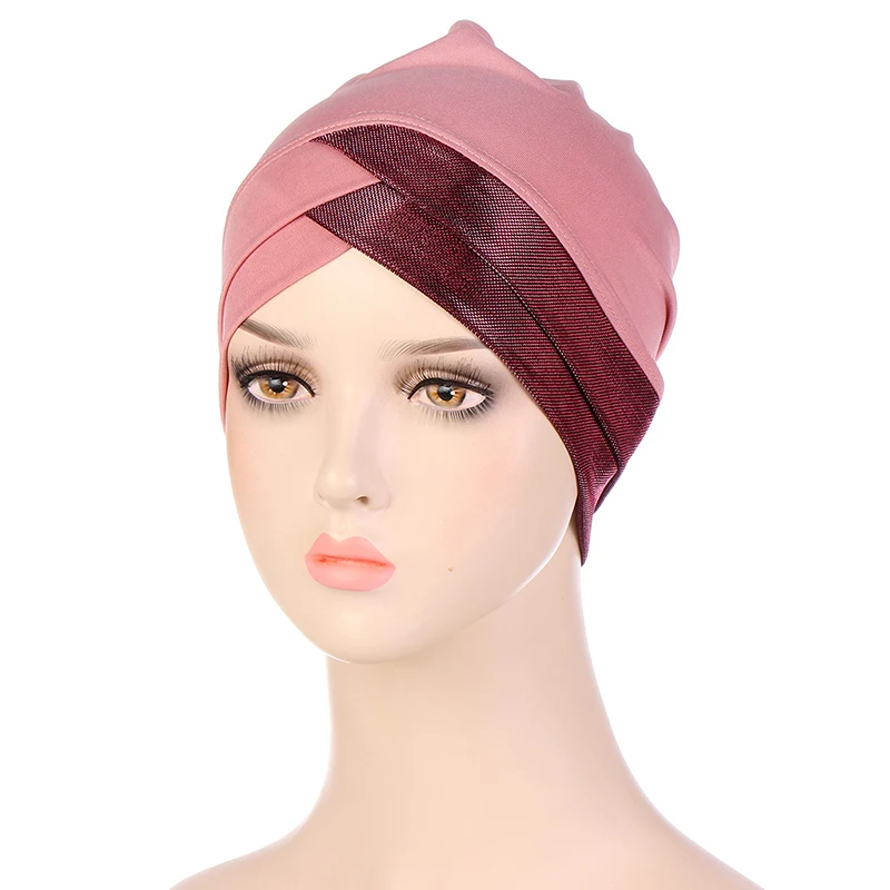 

Forehead Cross Turban Hat For Women Bright Silk Islamic Caps Muslim Inner Hijab Hats Underscarf Hair Loss Caps Head Wrap