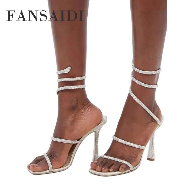 

FANSAIDI 2022 Fashion Summer White Stilettos Heels Sandals Party Shoes Apricot Narrow Band New Sexy Elegant Big Size 40 41 42 43