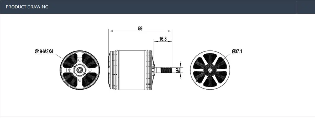 MAD CM3120 BANSHEE Brushless Motor, MBXA Series product drawing with operating voltage at 37.1 amps and 16.8 volts.