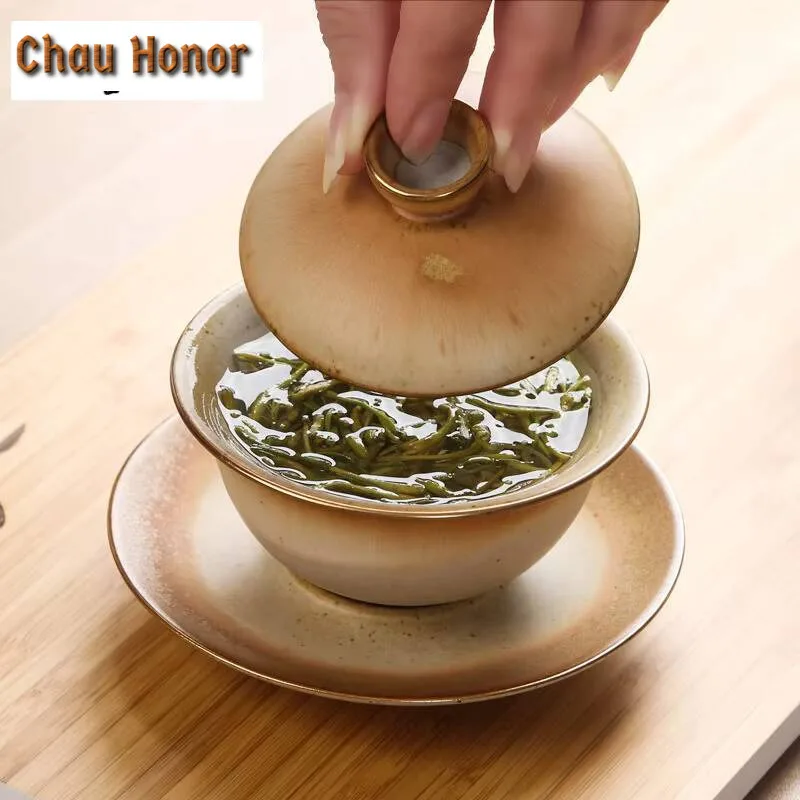 120ml Retro Coarse Pottery San Cai GaiWan Tea Cup Handmade Household Puer Kung Fu Teaset Tea Ceremony Drinkware Accessories Gift