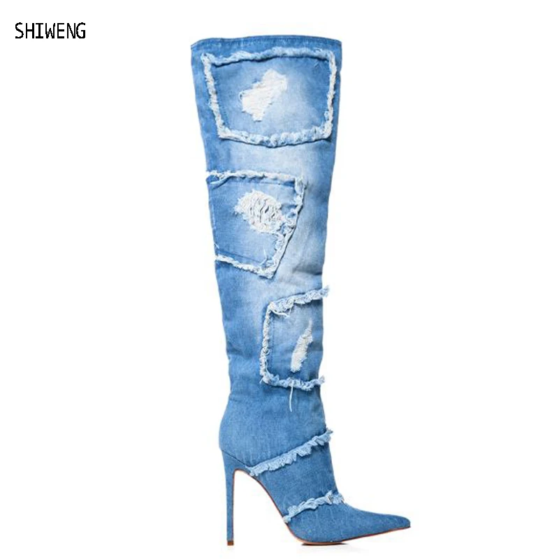

Blue Denim Long Boots for Women 2023 Pocket Over The Knee Hight Heels Fashion Boots Design Hole In Jeans Thin Heels Ladies Shoes