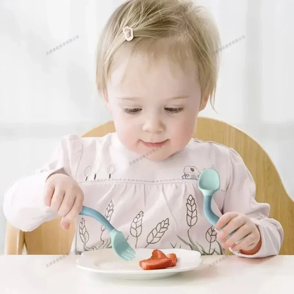 Baby Fork and Spoon Set Soft Silicone Handle Bendable Toddler Utensils Training Tableware Self Feeding Tools for Infants Kids