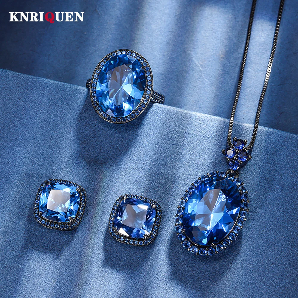 

2024 New Dark Blue Sapphire Gemstone Necklace Pendant Ring Earrings Wedding Party Fine Jewelry Sets for Women Anniversary Gift