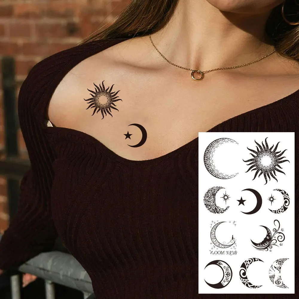 1 Sheet Moon Stars Sun Pattern Tattoo Stickers Waterproof Temporary Tattoos  for Men Women Hand Arm Wrist Chest Body Decoration - AliExpress, image size:1000x1000