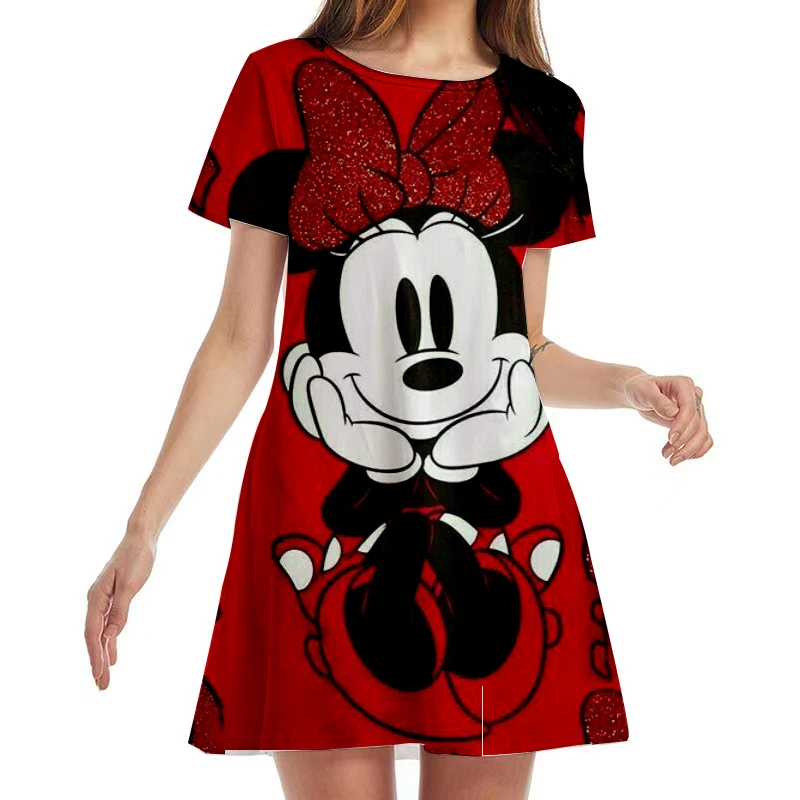 ladies sexy solid color dress fashion sleeveless sleeve net yarn perspective pleated mini skirt summer beach party mini dress 2022 Summer Disney Harajuku Sexy Minnie Print Mini Beach Party Dress New Ladies Casual O Neck Short Sleeve Dress