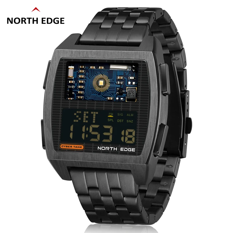 NORTH EDGE 2022 Men's Digital Watch Retro Industrial Metal Style Waterproof 50M Sport Watches For Men World Time reloj de hombre real time photo of retro blue jeans for women in 2023 shorts for commuting summer hot girls high waisted irregular side straps b