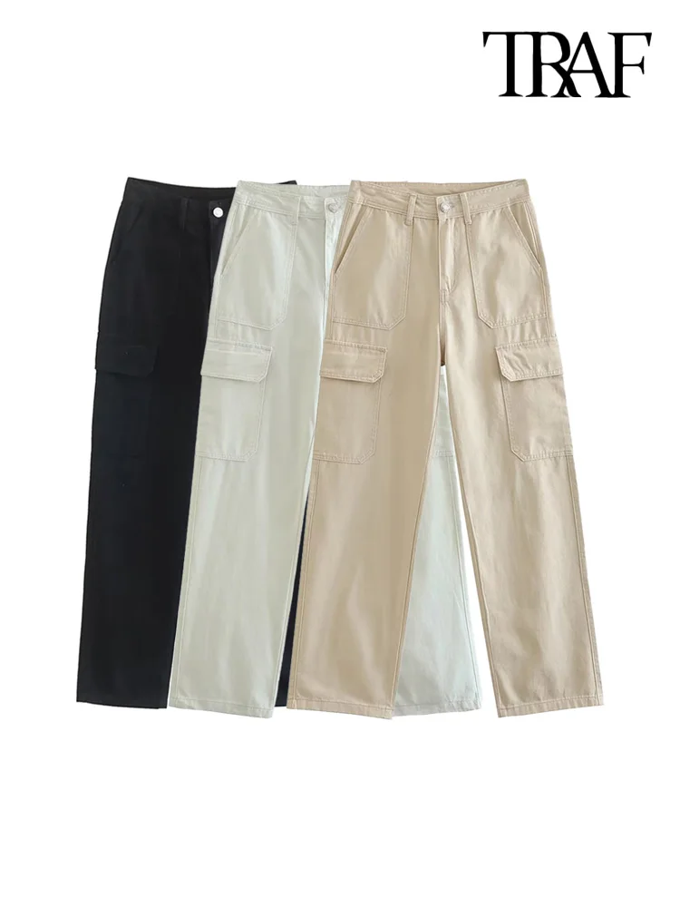 

TRAF Women Fashion With Side Patch Pockets Straight Cargo Pants Vintage High Waist Zipper Fly Female Trousers Mujer