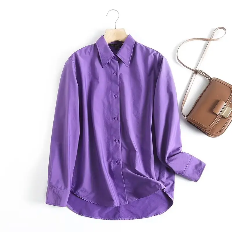 

TRAFZA 2024 Vintage Purple Straight Women Shirt Turn-Down Collar Loose Shirts Single Breasted Solid Blouse Fashion Women Tops