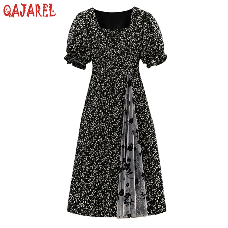

2024 Black Floral Chiffon Patchwor Mesh Midi Dress Women Fashon Puff Sleve Sqaure Collar Sexy Dress Summer Korean Elegant Dress