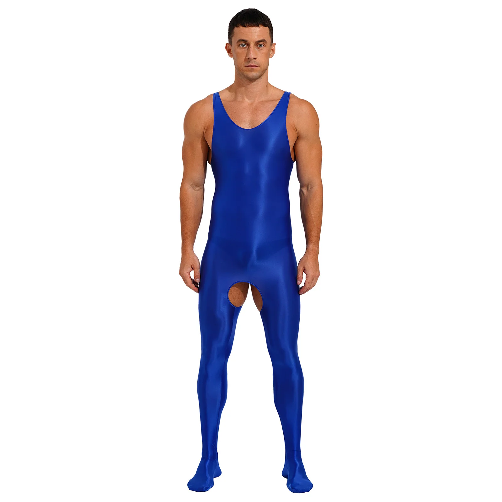 

Mens Glossy Soild Color Footed Jumpsuit Swimwear Smooth Stretchy Sleeveless Sexy U Neck Open Crotch Full Body Bodysuit Clubwear