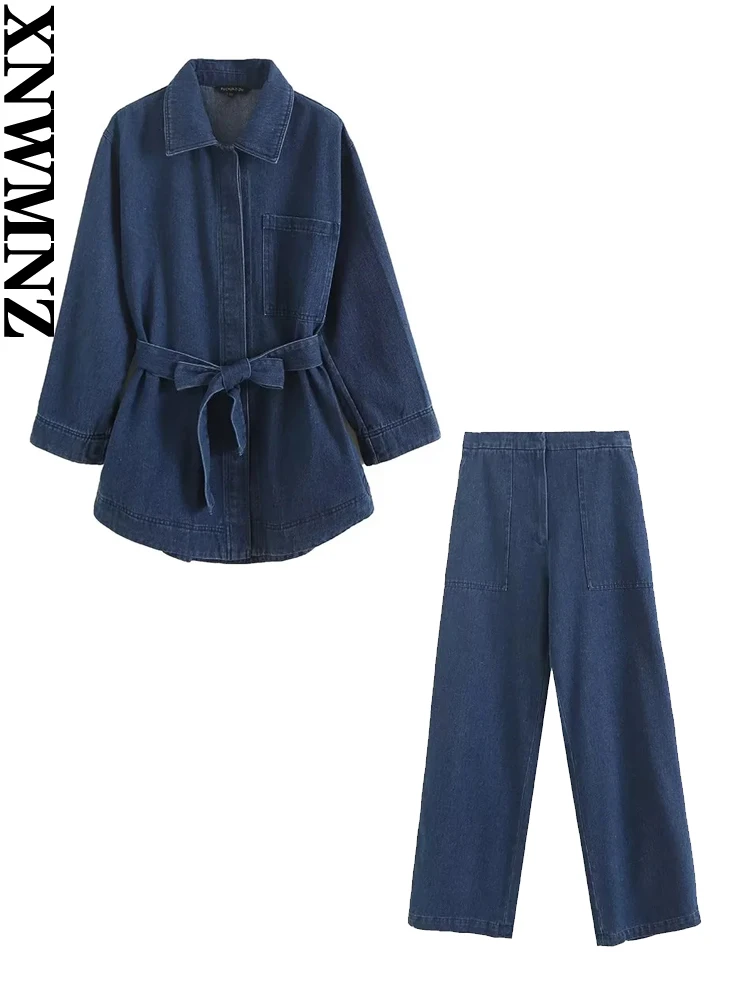 

XNWMNZ Women's Fashion 2023 French Casual Belt Denim Shirt Coat or High Waist Straight Jeans Office Lady Female Two Piece Set
