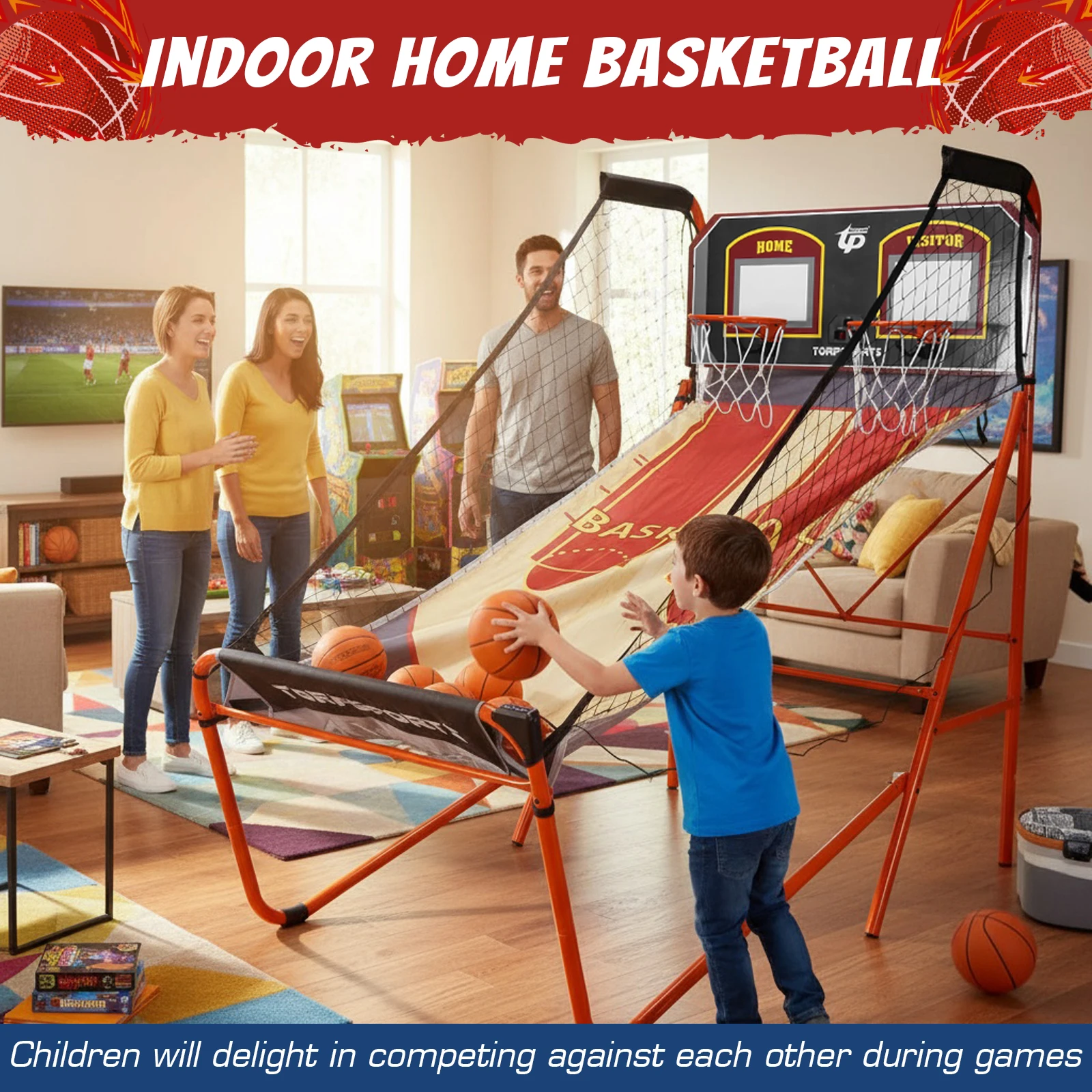 Arcade Basketball Game Set LED Electronic Scoring Folding Double Shooting Game with Steel Frame for 2 Players Kids Adults Player