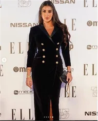 Black Velvet Women Suit Maxi Blazer Prom Dress Double Breasted Tailored 3/4 Long Sleeves Wedding Formal Red Carpet Jacket Coat