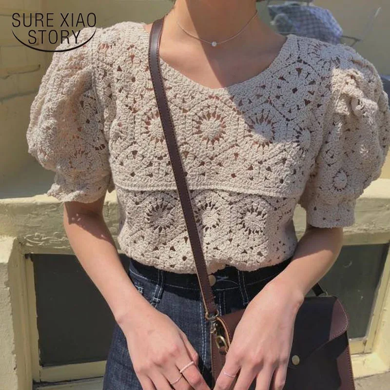 New Vintage Summer Tops Women Clothes Blusas Mujer De Moda 2021 Puff Sleeve  Hollow Out Shirt Female Retro Lace Blouse 9591 - Women Blouse - AliExpress