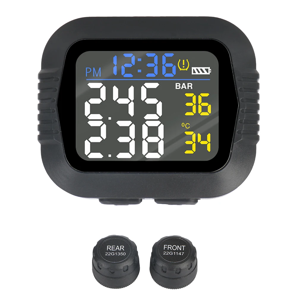 

Digital Clock Tire Pressure Monitoring System With 2 External Sensors LCD Colorful Display Motorcycle TPMS Temperature Alarm
