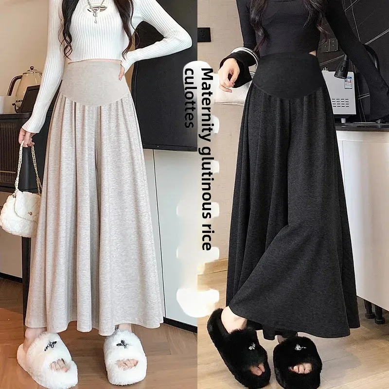 Maternity Skirt Pants High Waist A- Line Midi Skirt Fashionable Autumn Winter Wide Leg Pants Rice Noodle