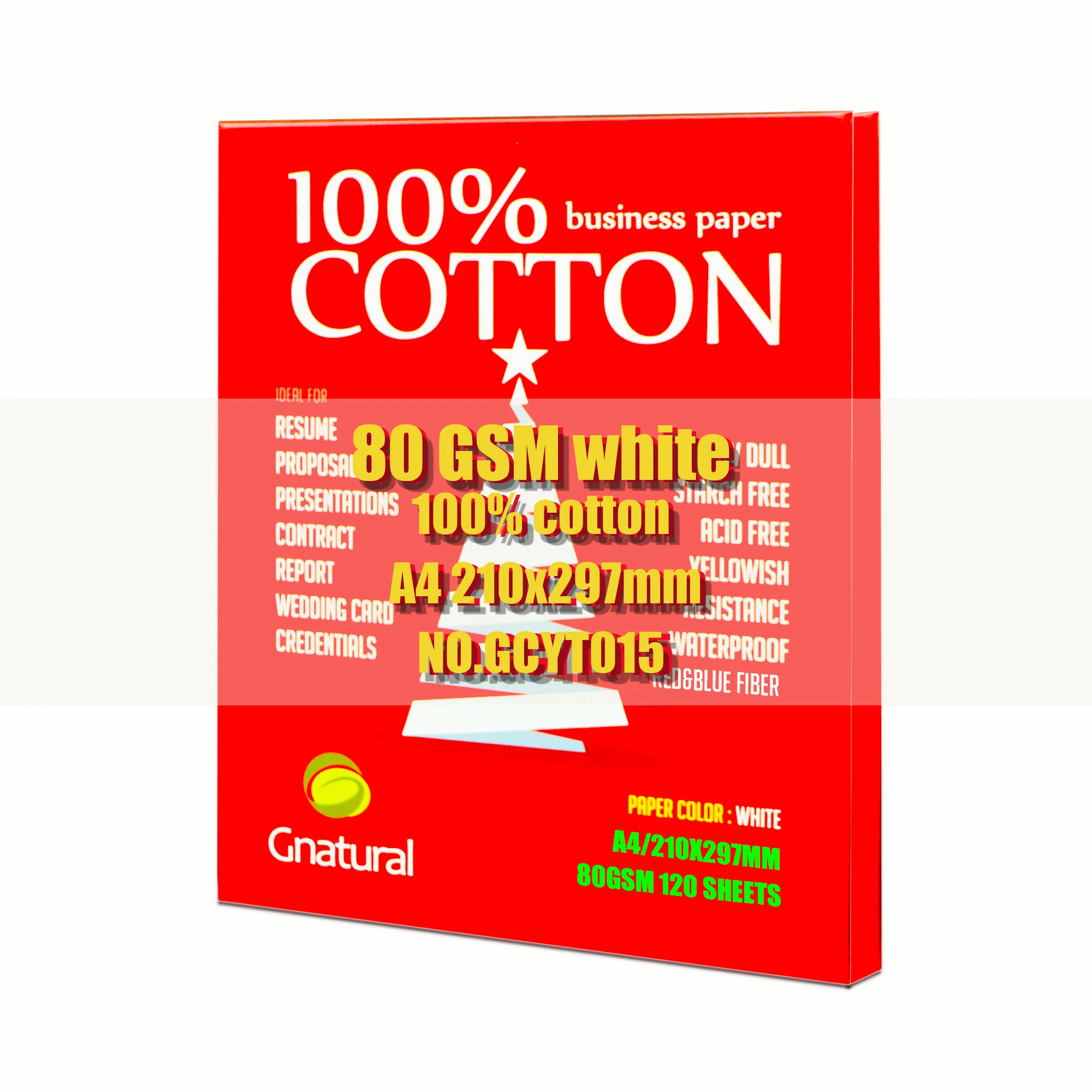 80gsm נייר 100% a4 210*297 מ "מ, צבע לבן, ללא עמילן, עמיד למים, גיליונות 120 gcyt015
