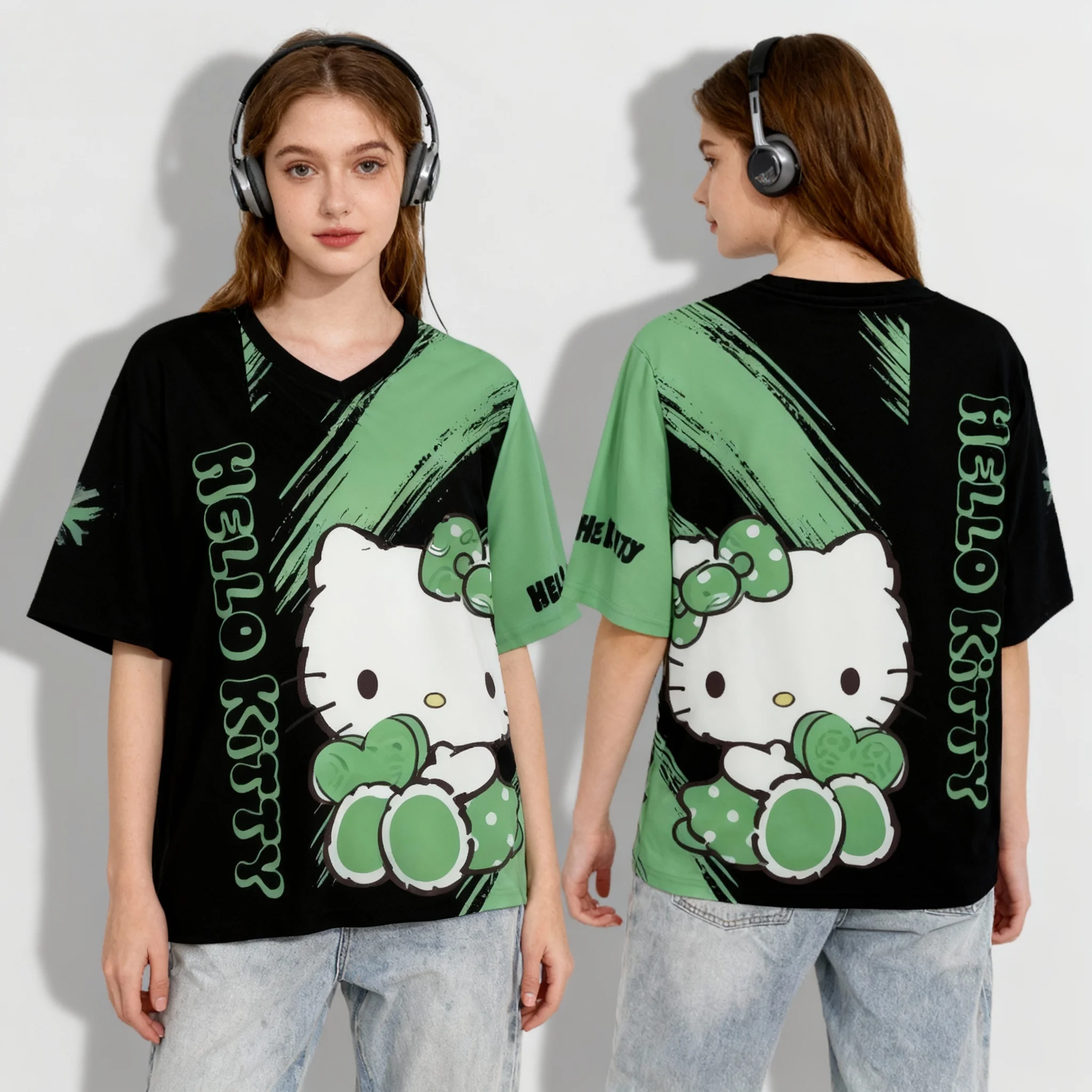 Sanrio Hello Kitty Elemental Ball Wear Sweet Cool 여름 티셔츠 오버사이즈 남성 성인 캐주얼 스포츠 티셔츠 출산복