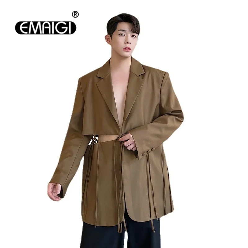

Spring Men Strap Design Loose Casual Chic Fashion Vintage Blazer Suit Coat Male Japan Korean Streetwear Suit Jacket Blazer
