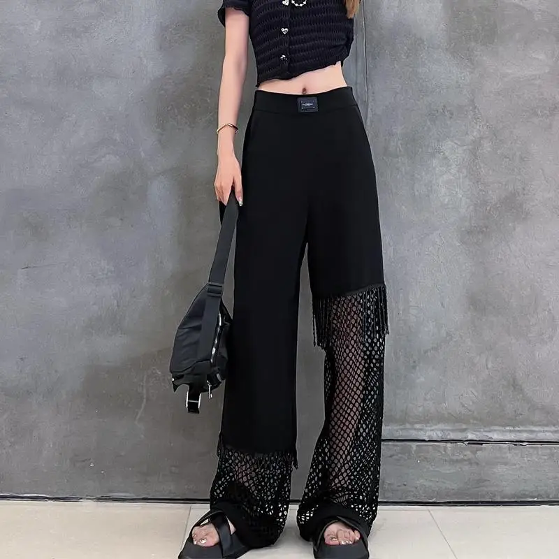2024 Summer Women's Hollow Mesh Loose Straight Tube Slim and Hanging Large Size Wide Leg Pants
