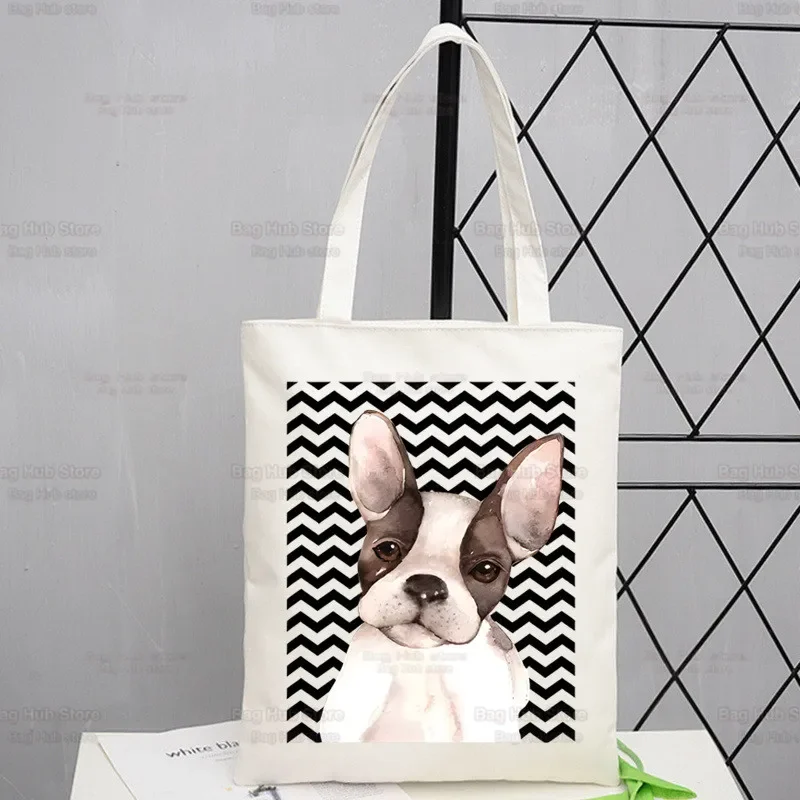

French Bulldog Canvas Shoulder Tote Bag Women Handbags Eco Reusable Kawaii Dog Lover Graphic Shopping Bag Vintage Ulzzang Bags